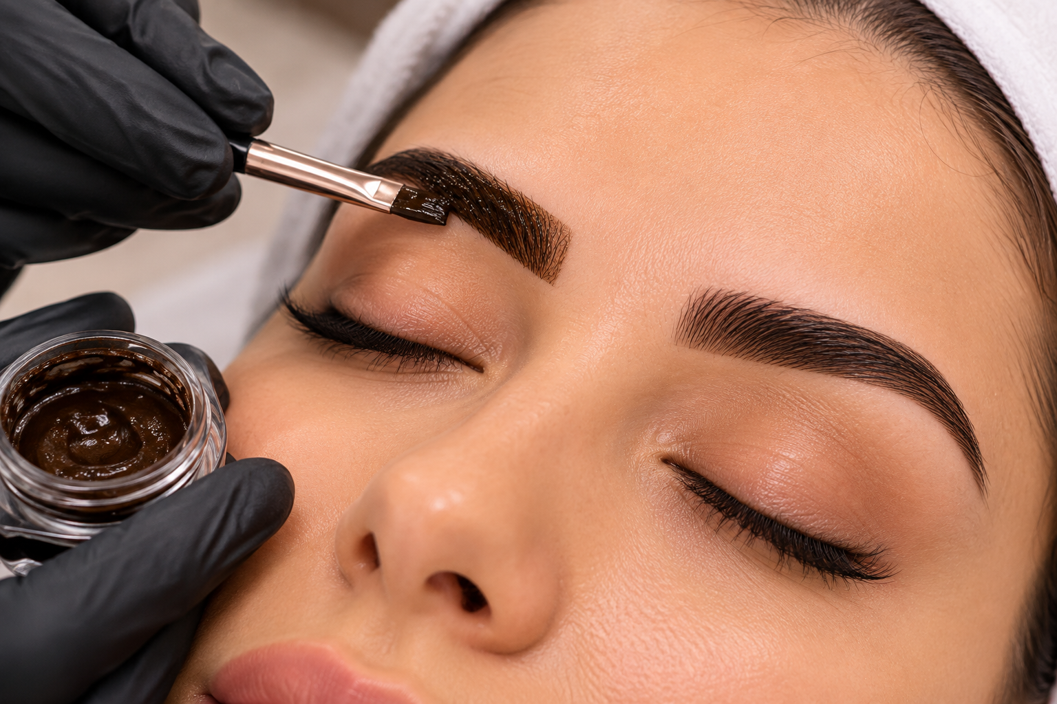 Aplicación de tinte con henna en cejas